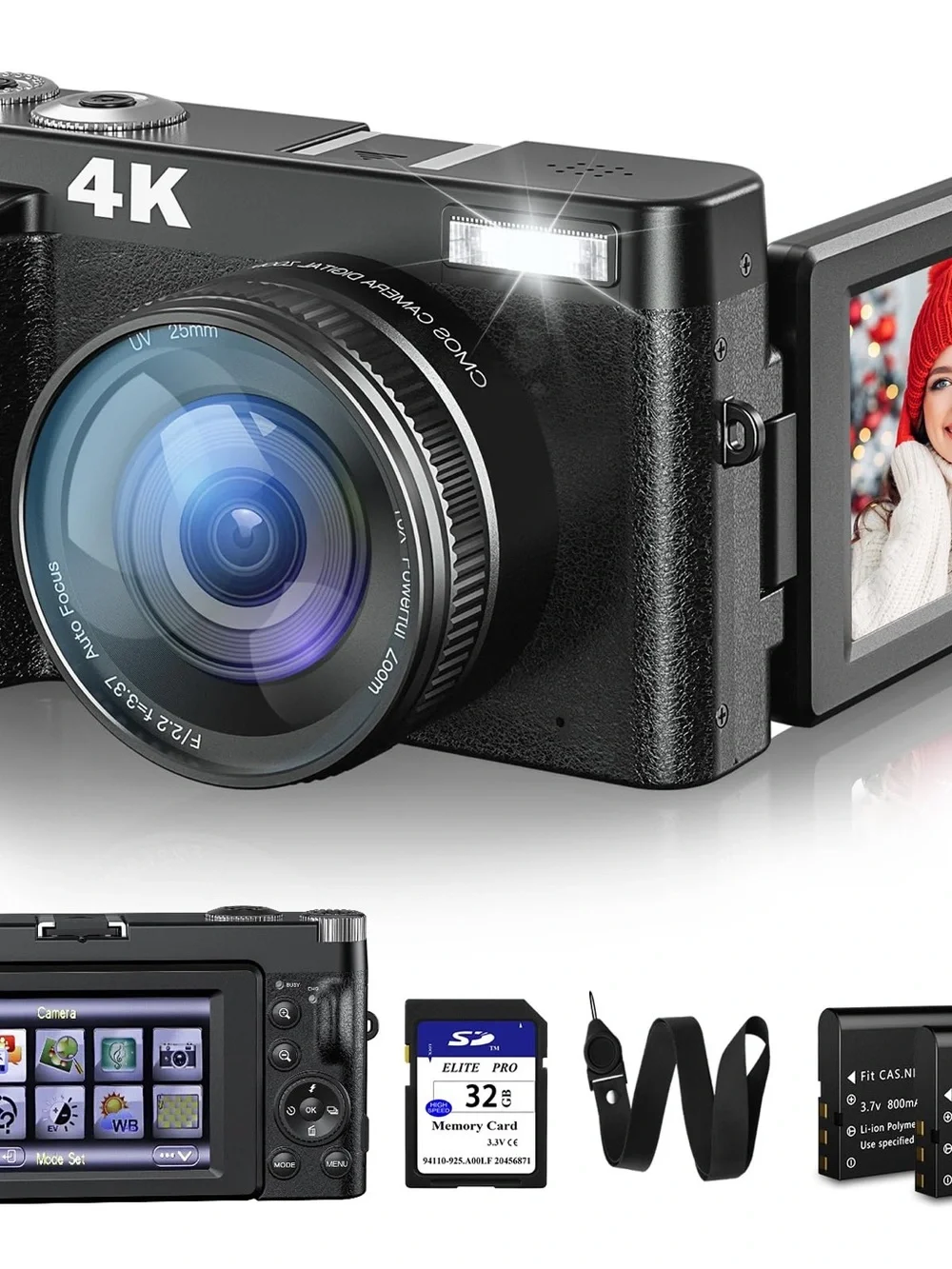 4K Compact Digital Camera in Black - High-Resolution Photo & Video